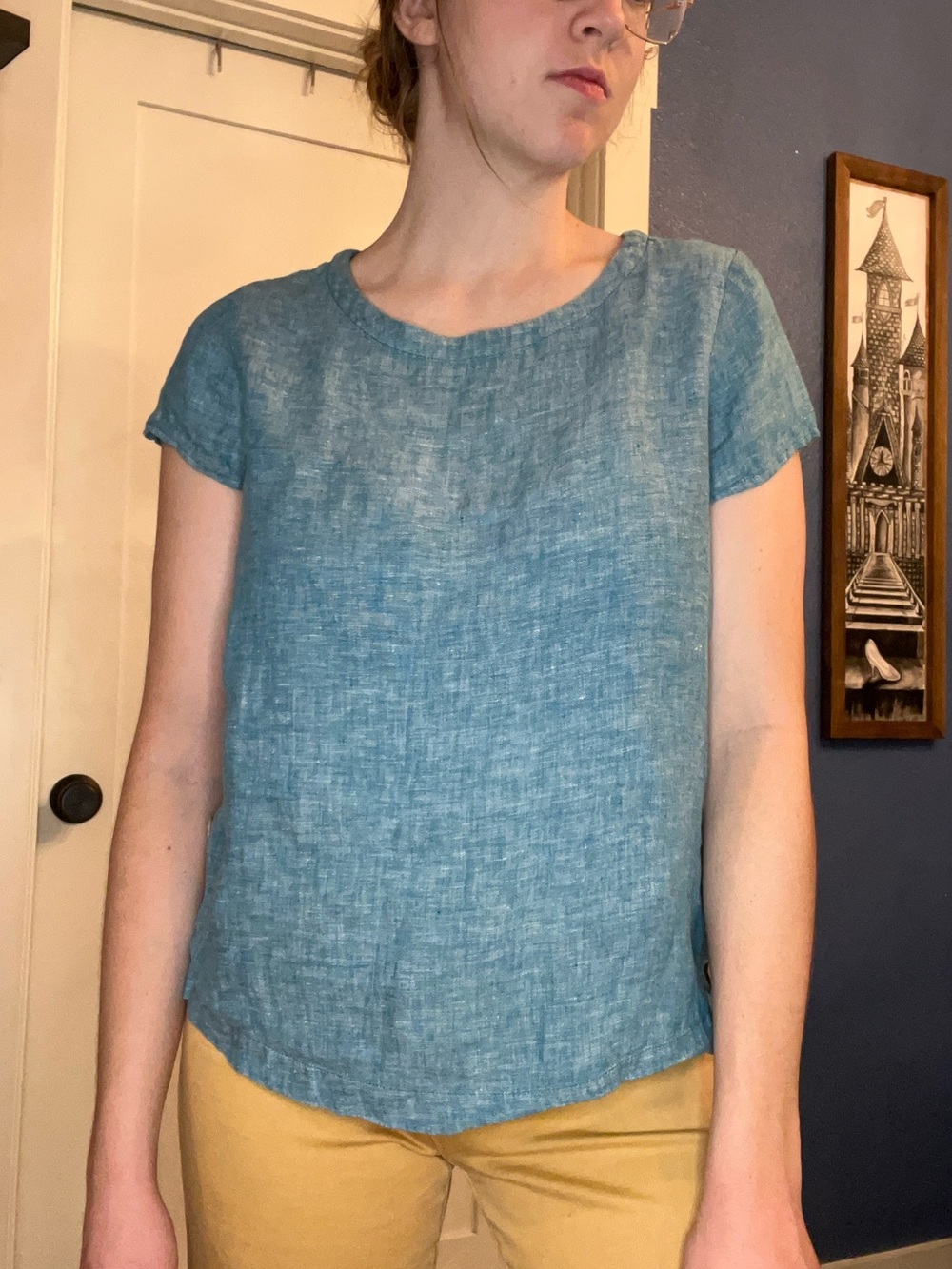 Cynthia Rowley Blue Short-Sleeve Linen Blend Top